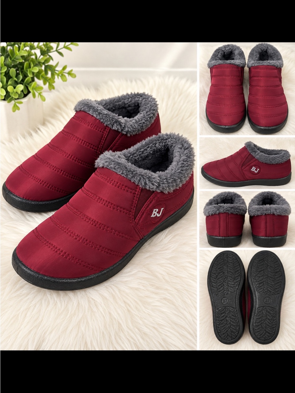 Women's Burgundy Quilted Slip-On Slippers with Gray Faux-Fur Lining
